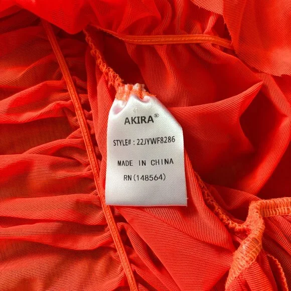 AKIRA Rory Ruched Mesh Asymmetrical Short Sleeve T-shirt Orange Womens Large Y2K - Picture 7 of 14
